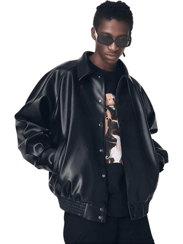 Casual Oversized Black Faux Leather Jacket For Men Style Raglan Sleeve Turndown Collar Loose Men's Fashion, Drestiny, Black, M, L, XL, XXL, 2XL, United States, Canada, USA, Australia, New Zealand, United Kingdom, UK, Oversized men's faux leather jacket, Black oversized faux leather jacket men, Men's oversized faux leather bomber jacket, Oversized vegan leather jacket men, Men's black oversized faux leather jacket streetwear, shopdrestiny.com